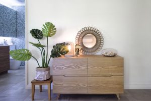 a cabinet storage with ornamental plant on side